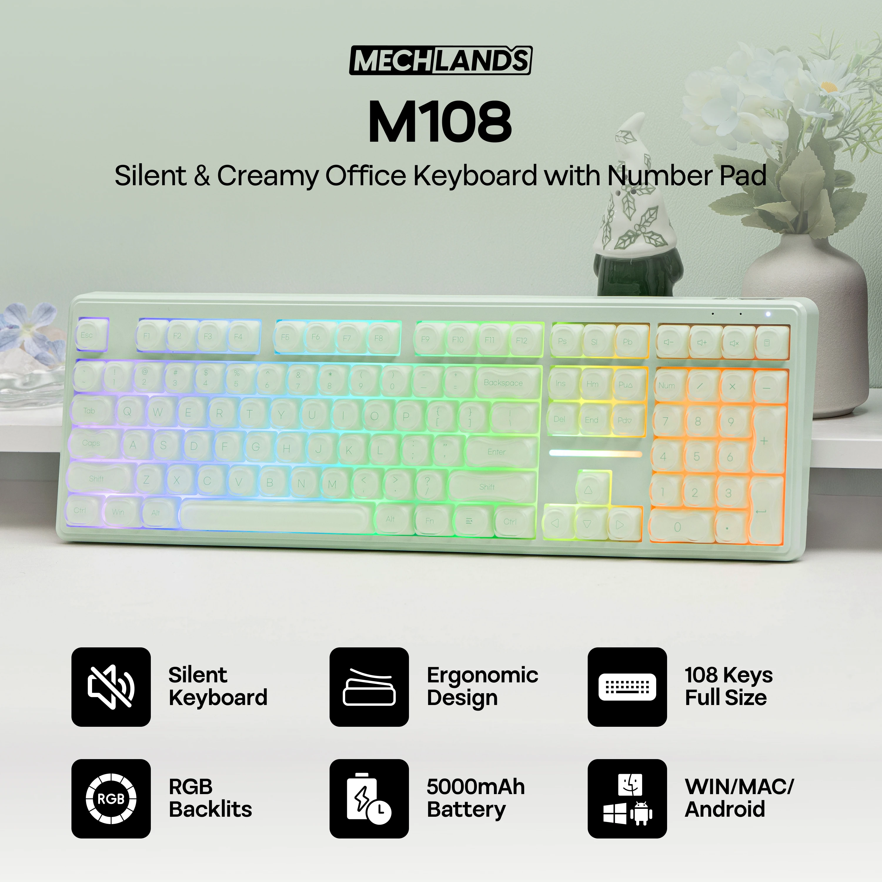 MechLands M108 100% ANSI US Layout Wired/Bluetooth/2.4GHz Wireless Membrane Keyboard with 5000mAh Battery & RGB Backlight