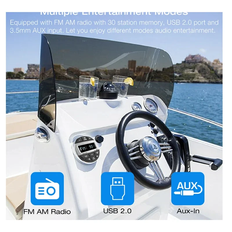 1 pezzo Bluetooth Marine Stereo Barca Radio Impermeabile Plastica Nera + Metallo Per Yacht Gauge ATV UTV Carrello Moto