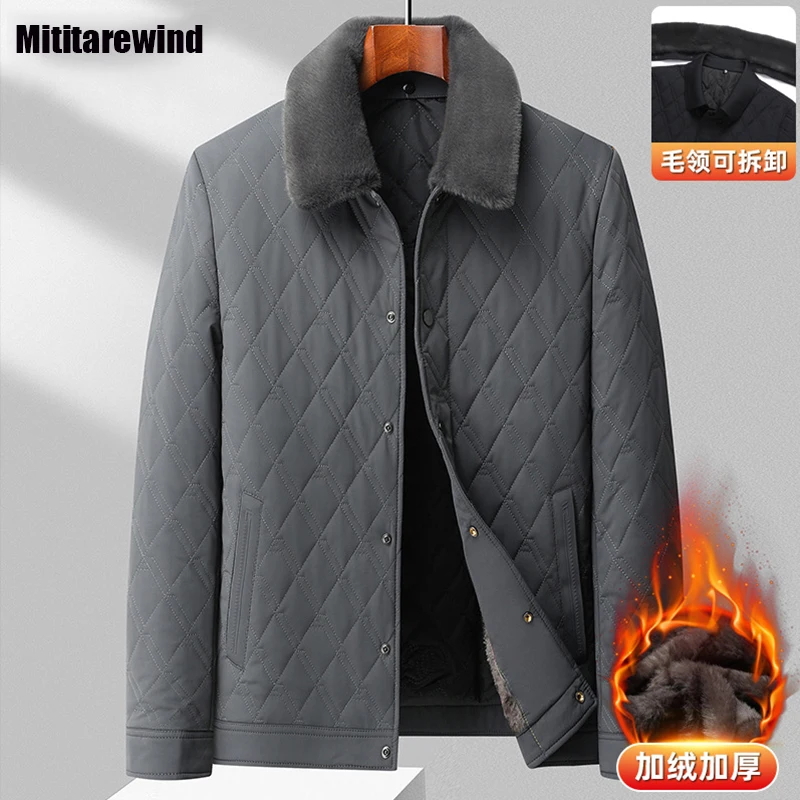 Brand New Middle-aged Men's Winter Jackets Smart Casual Padded Jacket Fleece Detachable Fur Collar Button Parkas Keep Warm Coats