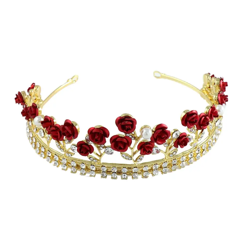 

Princess Fashion Headband Red Rose Gold Color Rhinestone Bridal Tiara Hair Crown Headwear Diadem