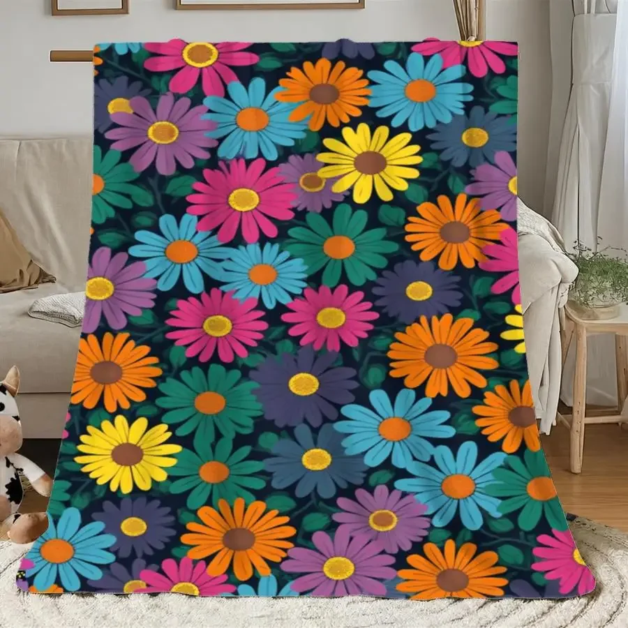 1pc Warm Soft Flannel Blanket Suitable for All Seasons - Vibrant Retro Daisy Print Bedspread, Colorful Maximalist Floral Throw f