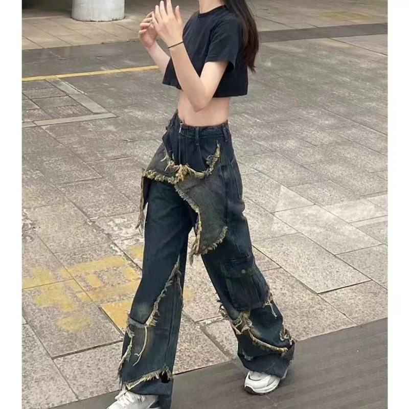 2023 New Vintage High Street Personality Dark Jeans Men's and Women's VIBE American Pentagon Raw Edge Star Wide Leg Pants