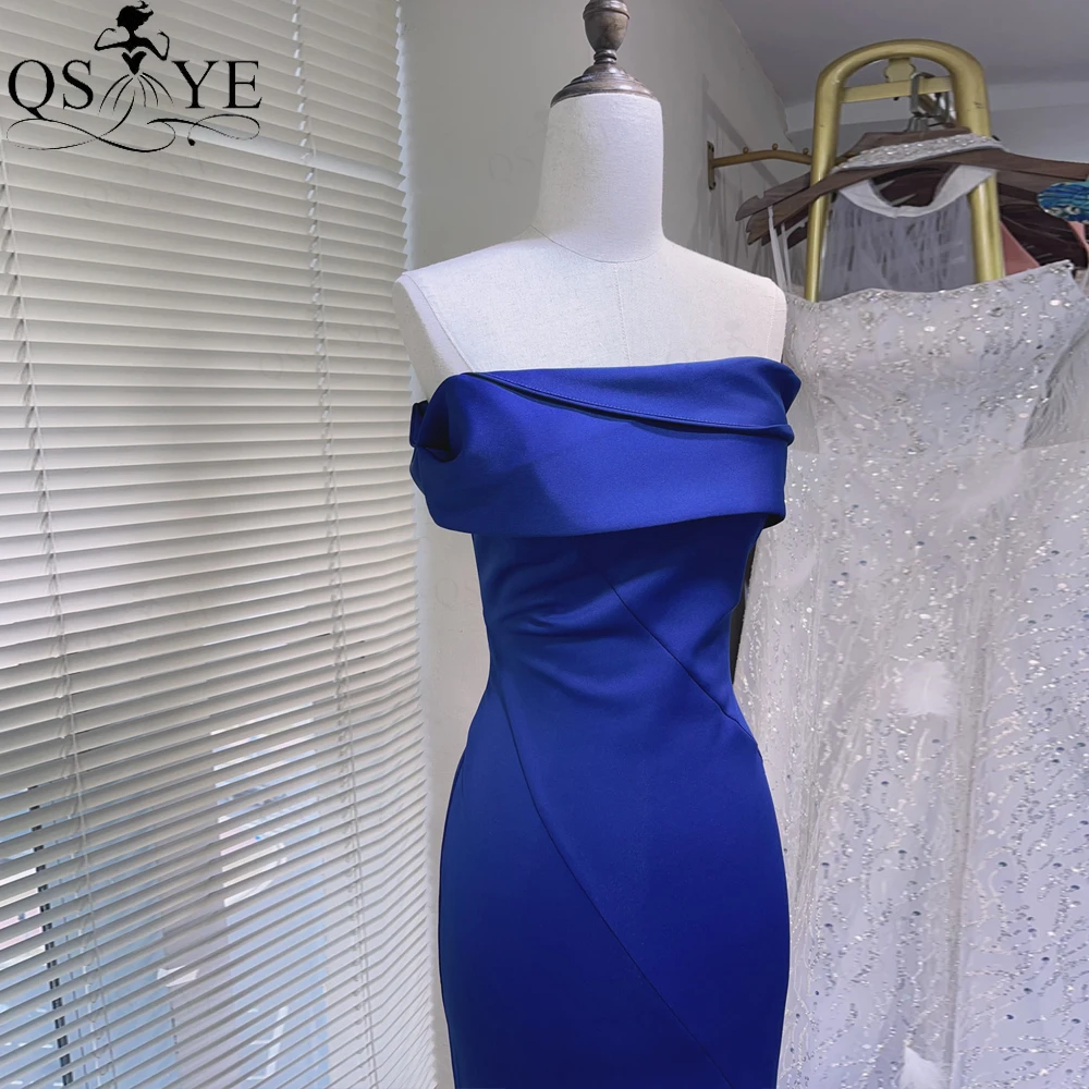 QSYYE-Robe de Soirée Sirène en Satin artificiel astique, Décolmétrage Sans Bretelles, Ajustée, Fente Latérale, Bleu Marine