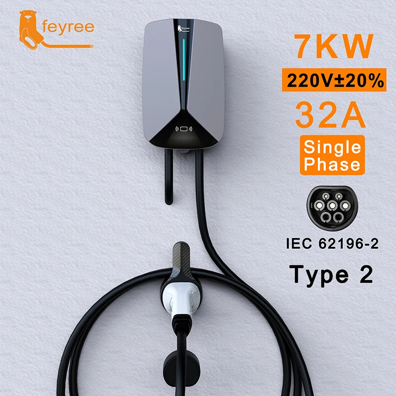 Feyree-Estação de carregamento para veículos elétricos, Carregador EV, EVSE Wallbox, Versão Cartões RFID, 5m Cabo, Tipo 2, 32A, 7.6KW, 1Phase, EVSE