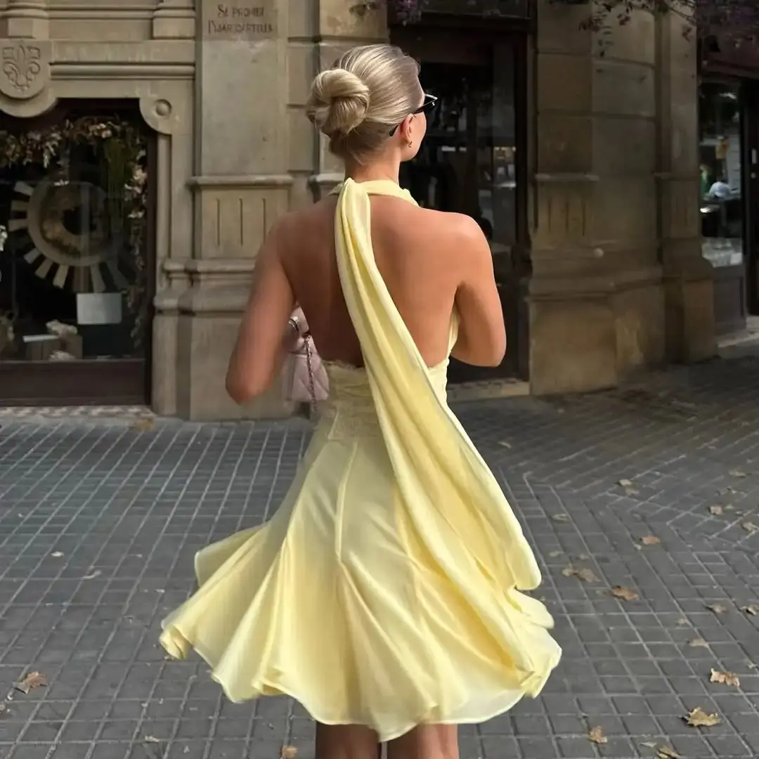 Ofherown جديد أصفر الرسن العميق الخامس عارية الذراعين الدانتيل الشيفون فستان سهرة صغير المرأة أنيقة حفلة كوكتيل ثوب رسمي فساتين لحضور الحفلات الموسيقية