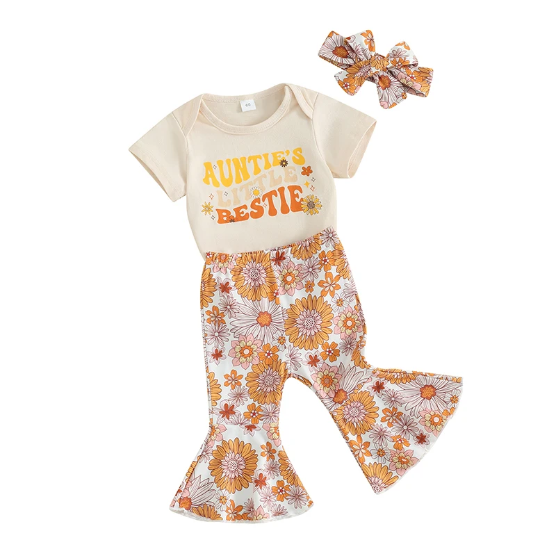 Baby Girl Summer Clothes Auntie s Little Bestie Short Sleeve Romper Floral Bell Bottom Pants Headband 3Pcs Set