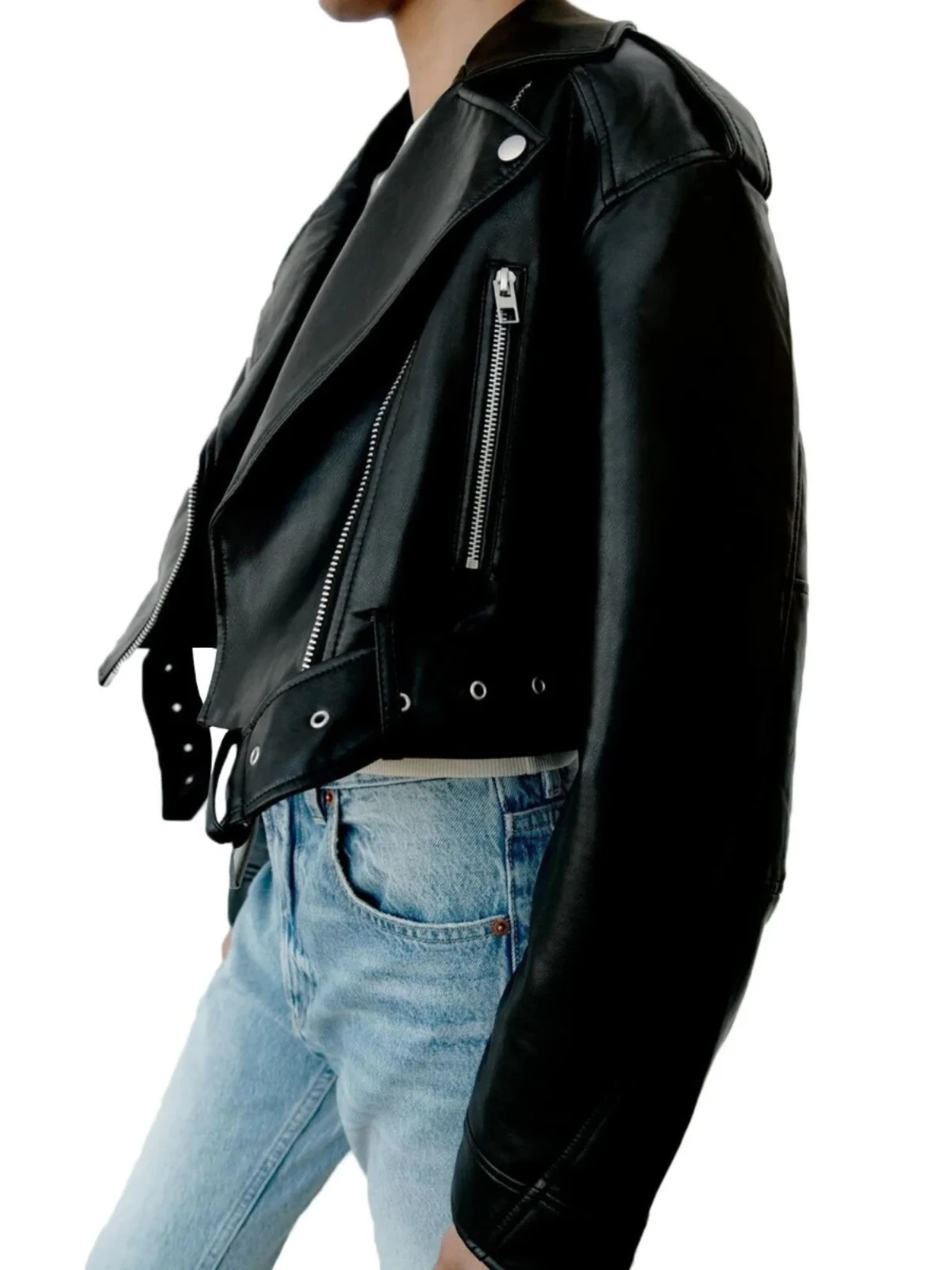 Street Sle-abrigo de motociclista con cuello y cremallera para mujer, ropa de abrigo holgada de cuero ort, Otoño e Invierno