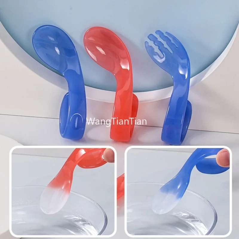 Baby Temperature Training Spoon Fork Heat Discoloration Temperature Fork Spoon with Box Auxiliary Baby Independent Feeding Tools