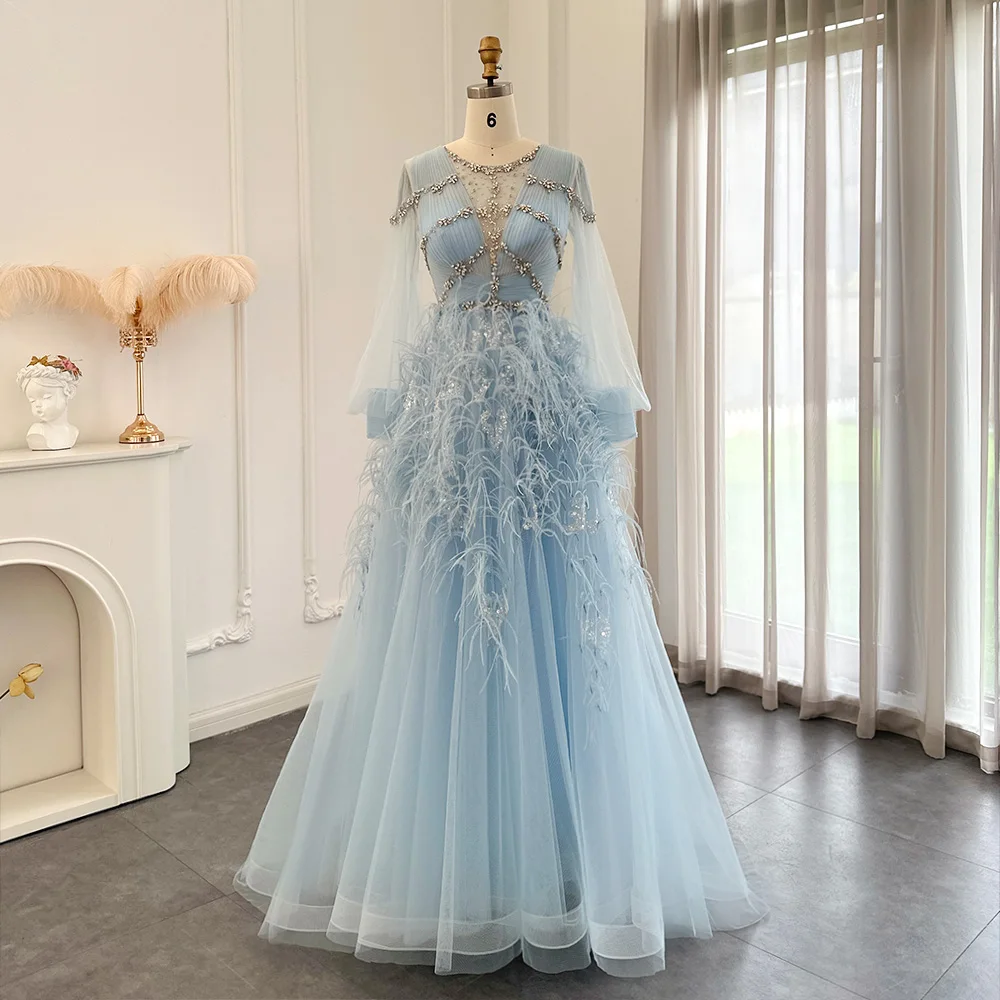 

Scz026 Jancember Feathers Dubai Blue Evening Dresses For Women Wedding Party Crystal Arabic Long Sleeve Formal Prom Gown