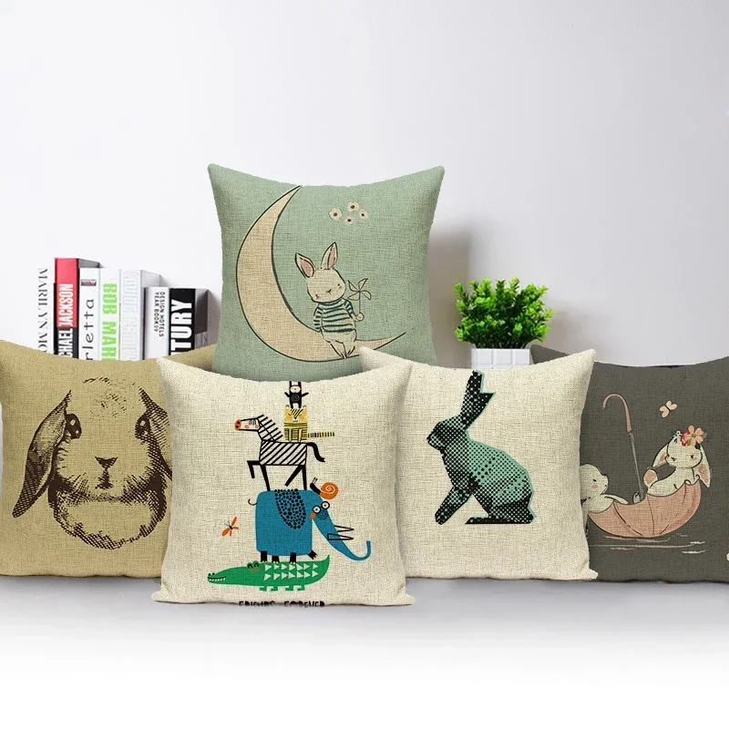 Cute Cartoon Rabbit Cushion Cover for Sofa Car Home Living Room Decor Animal Giraffe Lion Print Pillowcase Square Pillow Covers