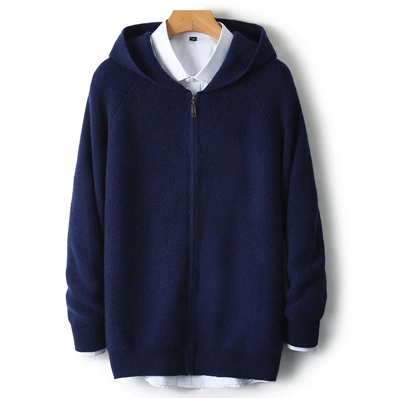 

Fashion 100% Merino Wool Hooded Cardigan Solid Color Sweater Cashmere Long Sleeves Men's Loose Comfortable Warm Clothing Top