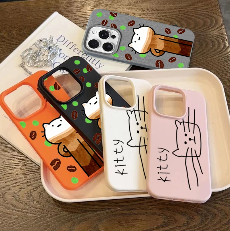 Simple Coffee Line Cat Leatter Print Case For Samsung Galaxy A16 A15 A14 A13 A54 A53 A52 A36 A35 A34 A33 A32 A26 A25 A24 A07