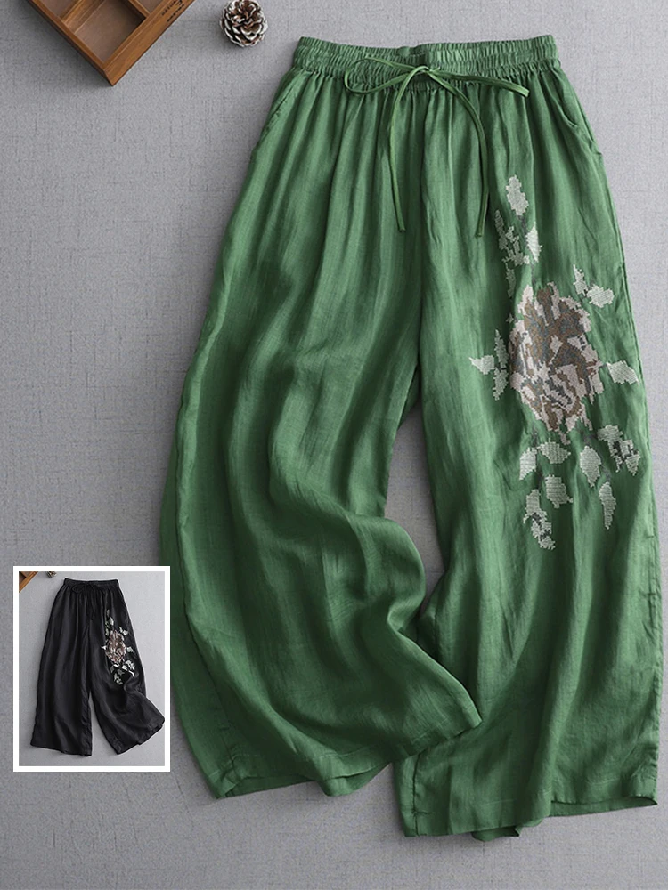

Тонкие прямые широкие брюки с цветочной вышивкой в стиле ретро, утягивающие драпированные повседневные длинные брюки с высокой талией, большие размеры, женская мода