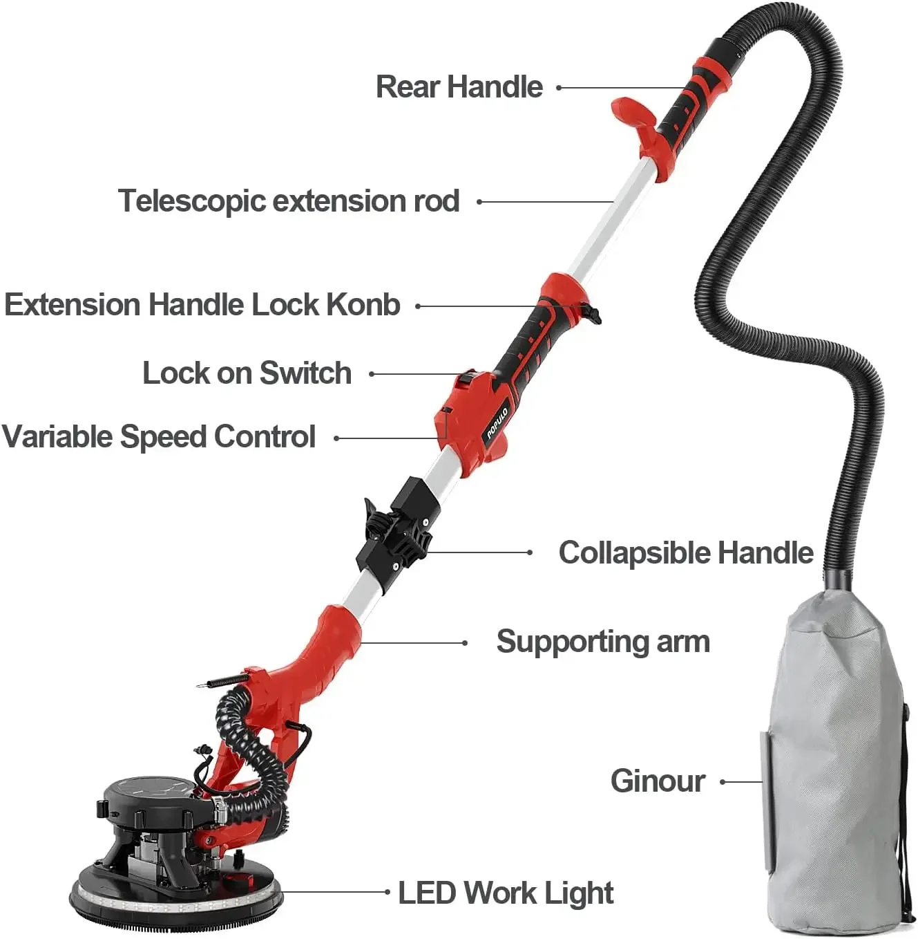 Drywall Sander 810W 7A Electric Drywall Sander with Vacuum Attachment 6 Variable Speed 1800RPM Power Ceiling Sander Tool