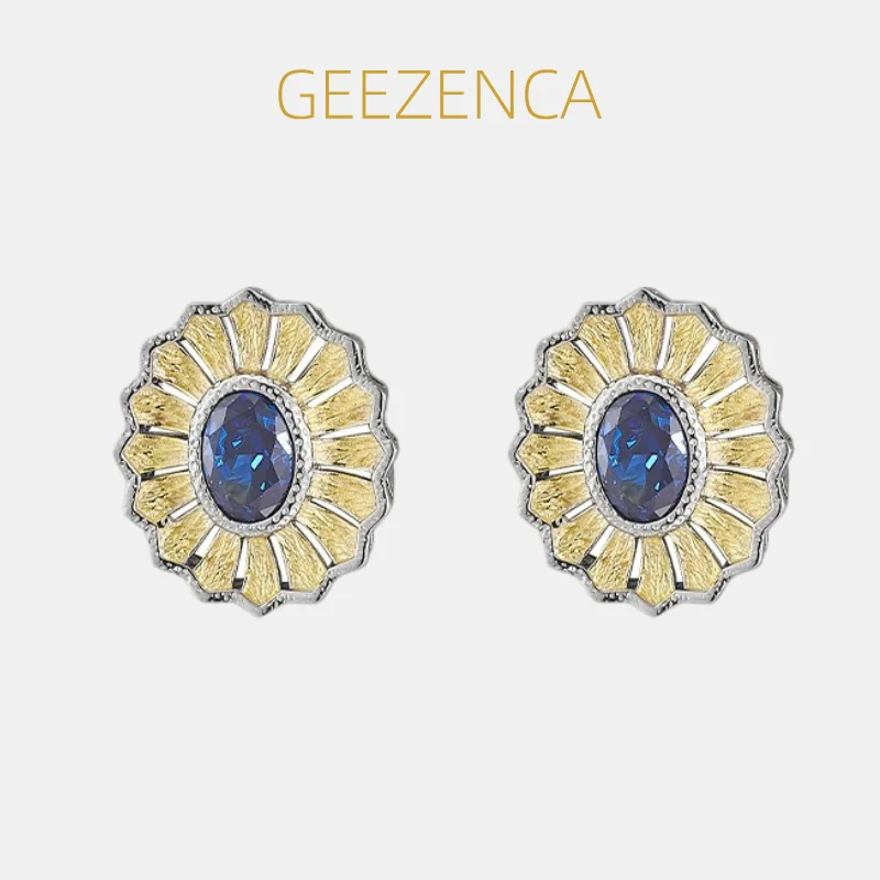 GEEZENCA Blue Cubic Zirconia 925 Silver Two Tone Oval Earrings For Women Italian Craft Vintage Luxury Stud Earring Dainty Gift