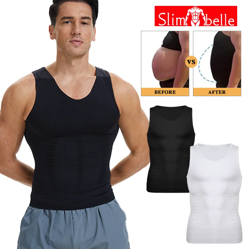 

Slimbelle Men's Compression Body Shaper V Neck Tank Top Tummy Control Slimming Underwear Sleeveless Waist Trainer Gym Workout