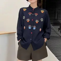 Mori kei clothing Japan style vintage stand collar cartoon flowers embroider shirts women's top long sleeve blouses cute clothes