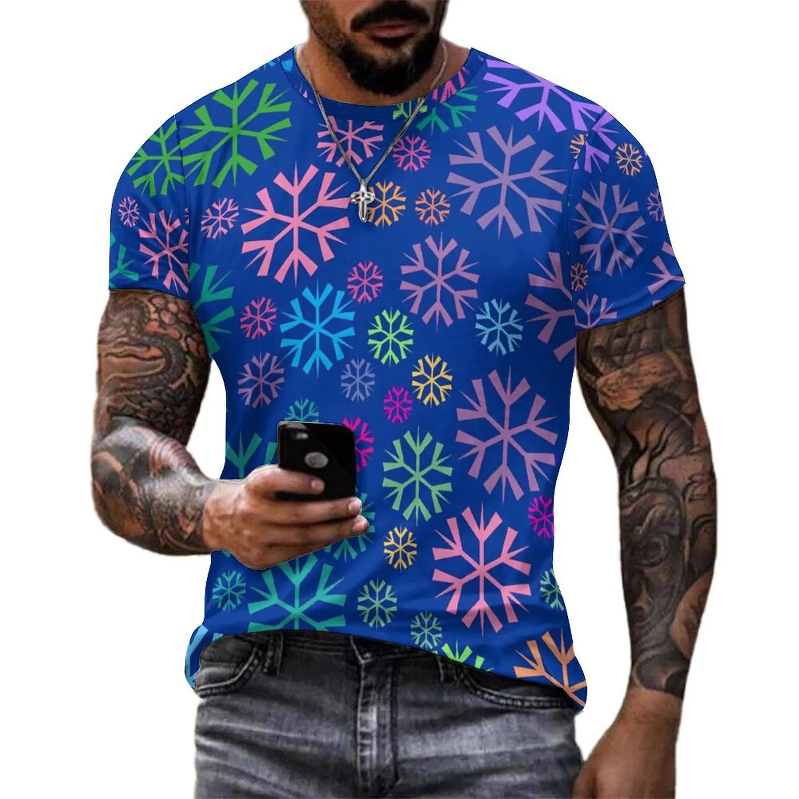 Summer T-Shirt Colorful Snowflake T-Shirts Christma Print Streetwear Hippie Tees For Men Short Sleeve Custom Oversize Clothing