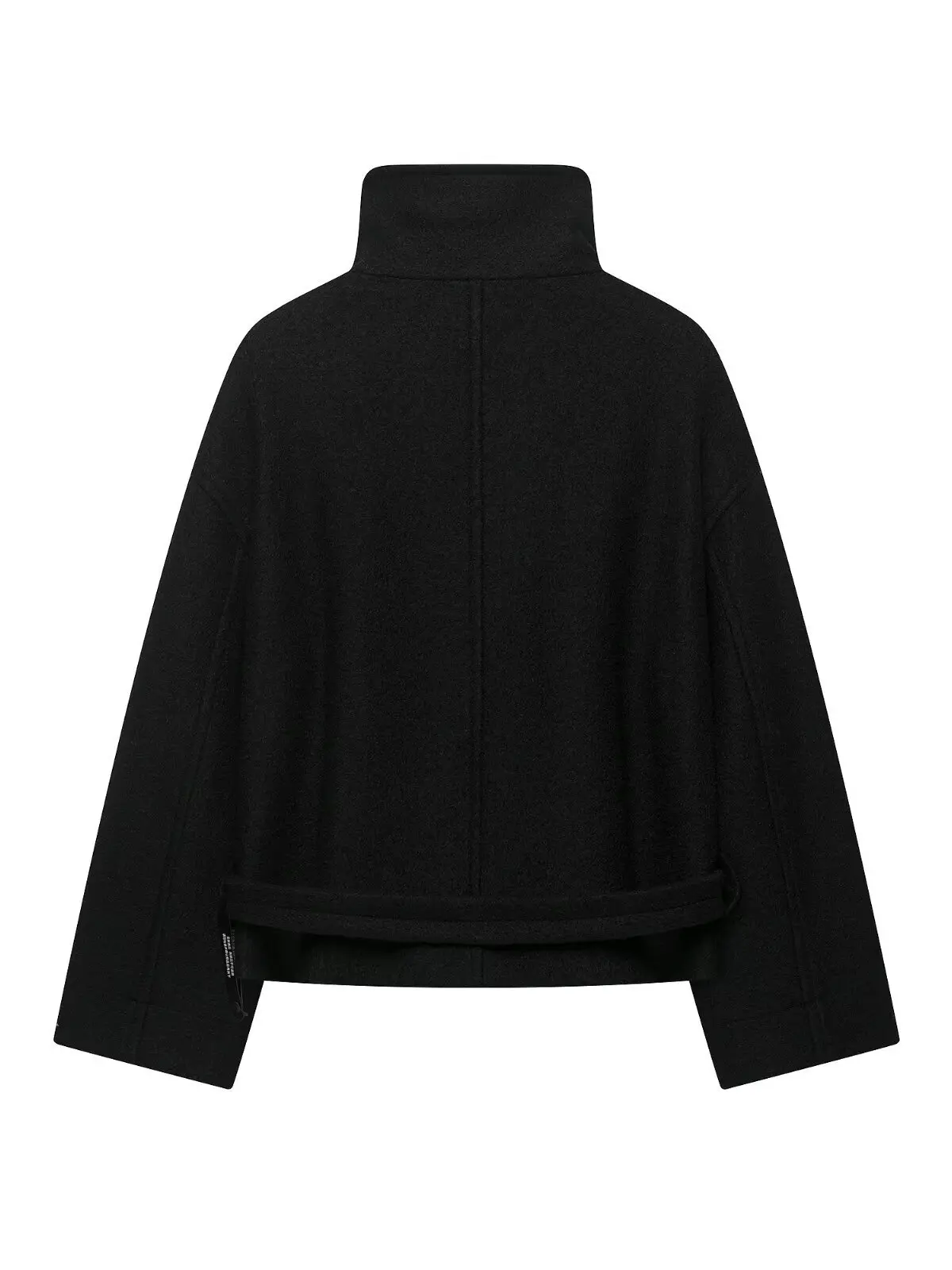 Women's Black Stand Collar Belted Buttoned Woolen Short Coat Versatile Shoulder Shape Large Coat Autumn Fashion Long Sleeve