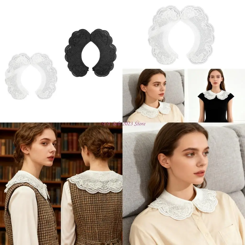 

49ME Elegant Detachable Collar for Formal and Casual Occasion Soft Polyester Artificial Pearls Beadwork Faux Collar Neckwear