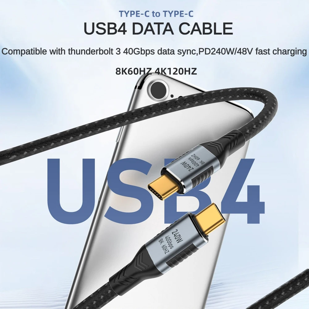 USB C to C USB4 Data Cable Support 40Gbps 8K@60Hz Display PD3.1 240W Fast Charging Nylon Braid Cord for Phone Tablet Laptop Hub