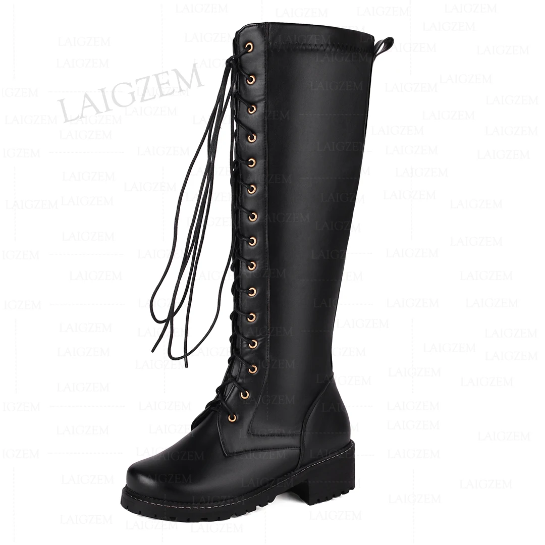 LAIGZEM Knee High Boots Round Toe Faux Leather Side Zip Low Square Heels Tall Boots Ladies Handmade Shoes Woman Size 41 44 48 50