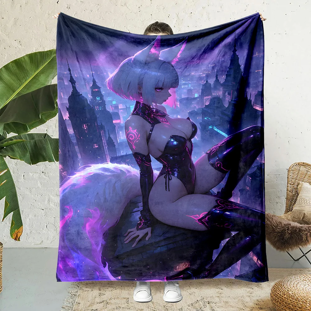 Cyber fox eared warrior neon Print Blanket Warm Soft Fluffy Kids and Adult Sofa Bed Throw Blanket Outdoor Travel Camping RV