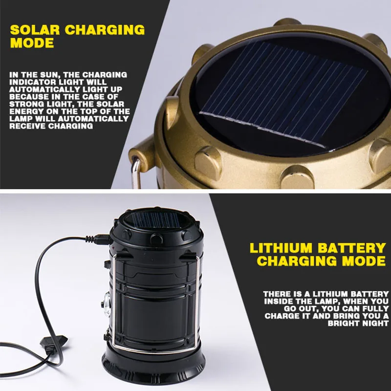 Camping Lamp USB Rechargeable Camping Light Outdoor Tent Light Lantern Solar Power Collapsible Lamp Flashlight Emergency Torch