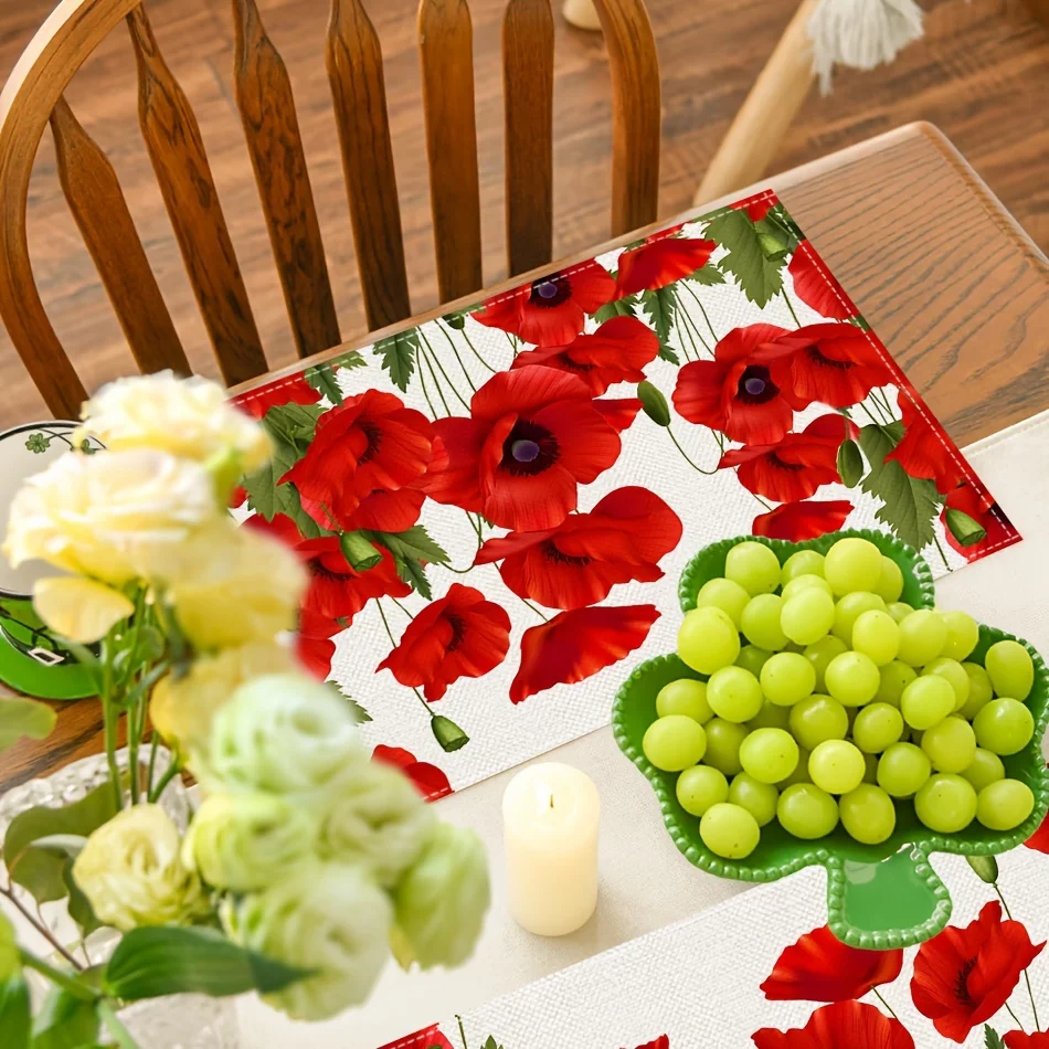 4Pcs, Vintage Red Poppy Flower Placemats, the Best Placemats, Washable, Suitable for Holiday Parties, Home Decor, Kitchen Countertops, Rectangular Dining Rooms, Make Your Dining Room and Kitchen More Beautiful, a Birthday Gift and Housewarming Party Gift for Family and Friends