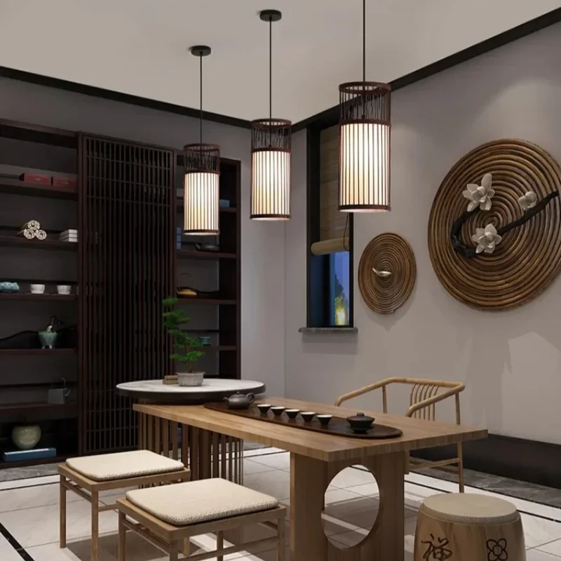 الحديثة الخيزران الفن الثريا النمط الياباني الخيزران المنسوجة يدويا المعلقات أضواء E27 الخيزران فانوس الثريا غرفة نوم غرفة الطعام #5