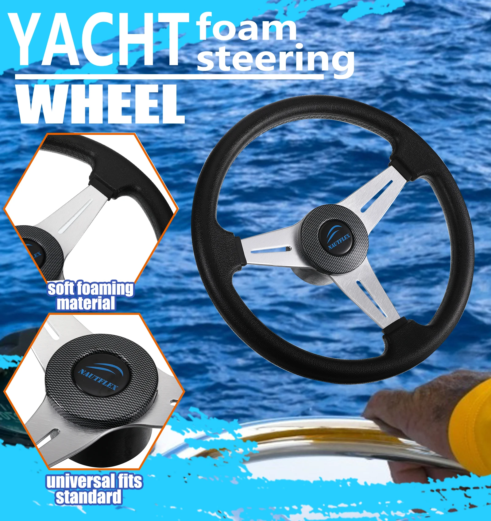 Speed Boat 3 Spoke Steering Wheel Yacht Seaboat Aluminum Alloy Coating PU Foam 13.3 inch Sailboat Helm Steer System