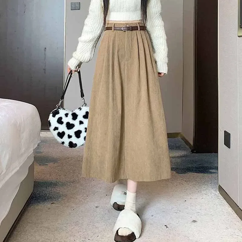 Vintage Corduroy Skirts Female Korean Fashion High Waist Long Skirt Woman 2024 Fall  Elegant Streetwear A Line Pleated Skirt