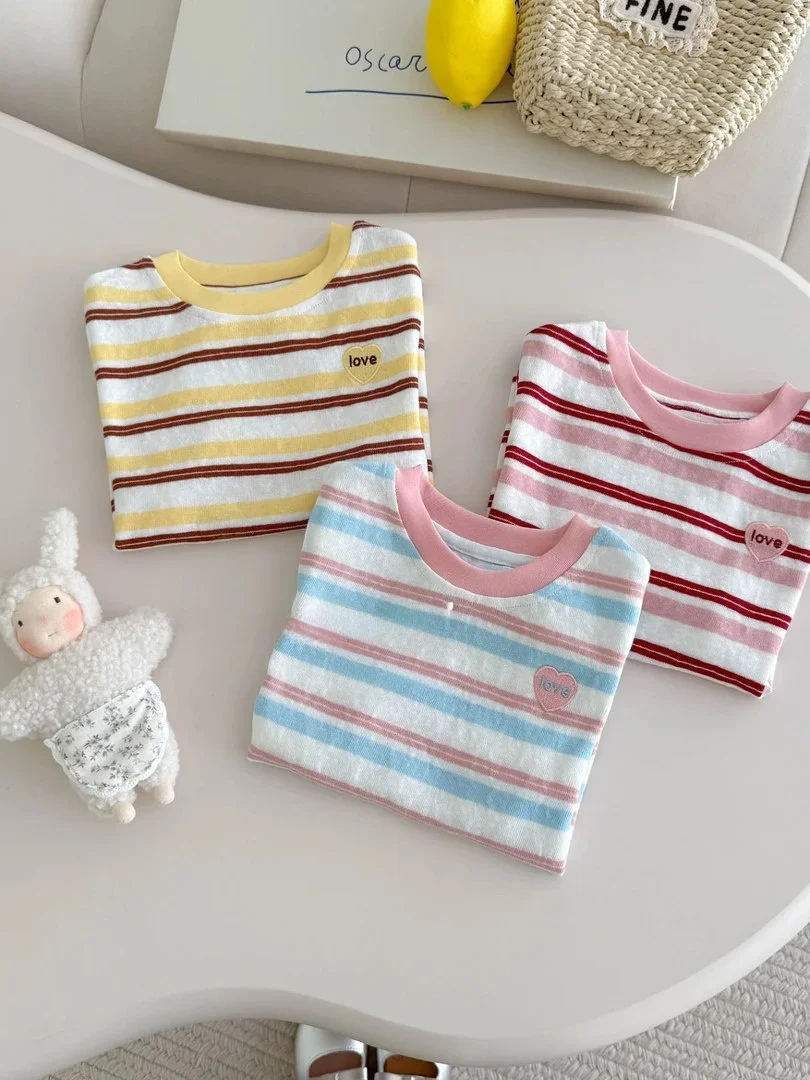 Cseta de manga corta de verano para niñas, csa básica de media manga a rayas bordadas, Top de seda versátil y e,...