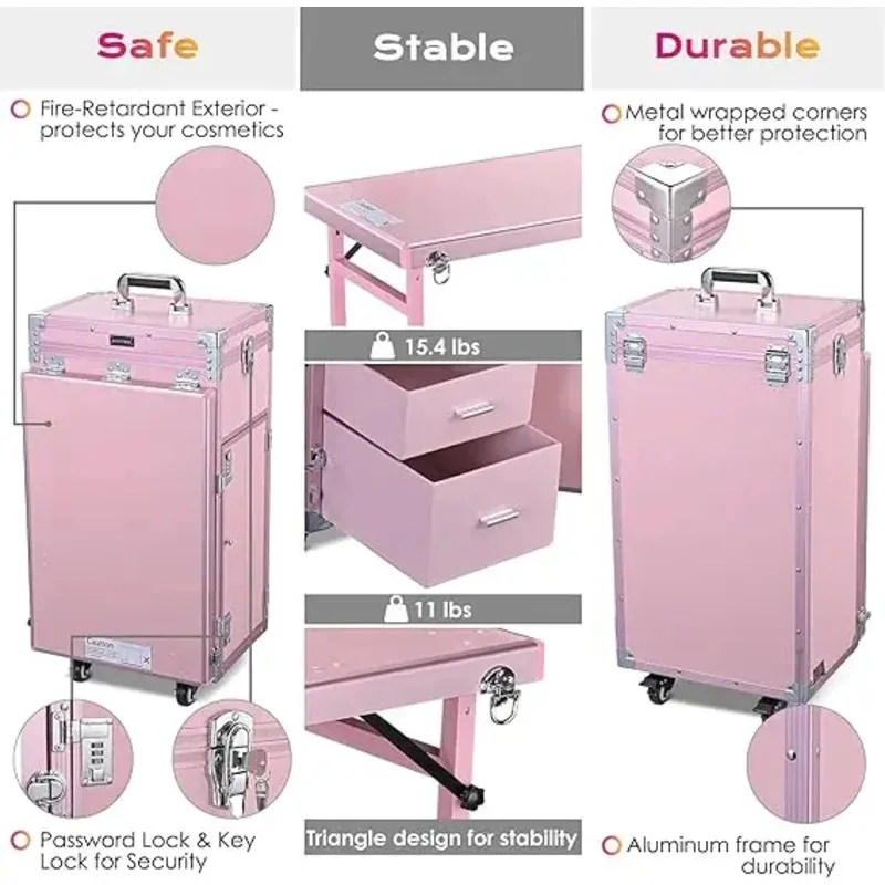 Rolling Manicure Table Foldable Nail Table Makeup Train Case Trolley Travel Storage Organizer with 4 Drawers Mirror & Speaker