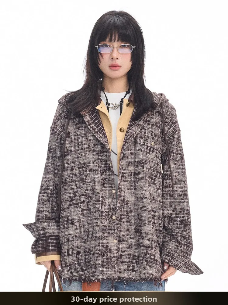 

American Retro Apocalyptic Plaid Hooded Shirt Men's Spring New Loose Casual Shirt Couple Matching Polyester Fiber