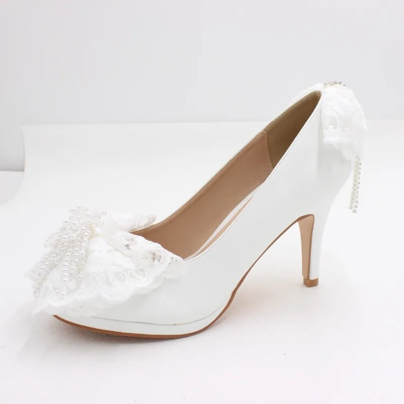 Zapatos de plataforma impermeables para mujer, tacón fino de 8 CM, lentejuelas blancas, decoración de flores, tacón alto de boda, punta redonda