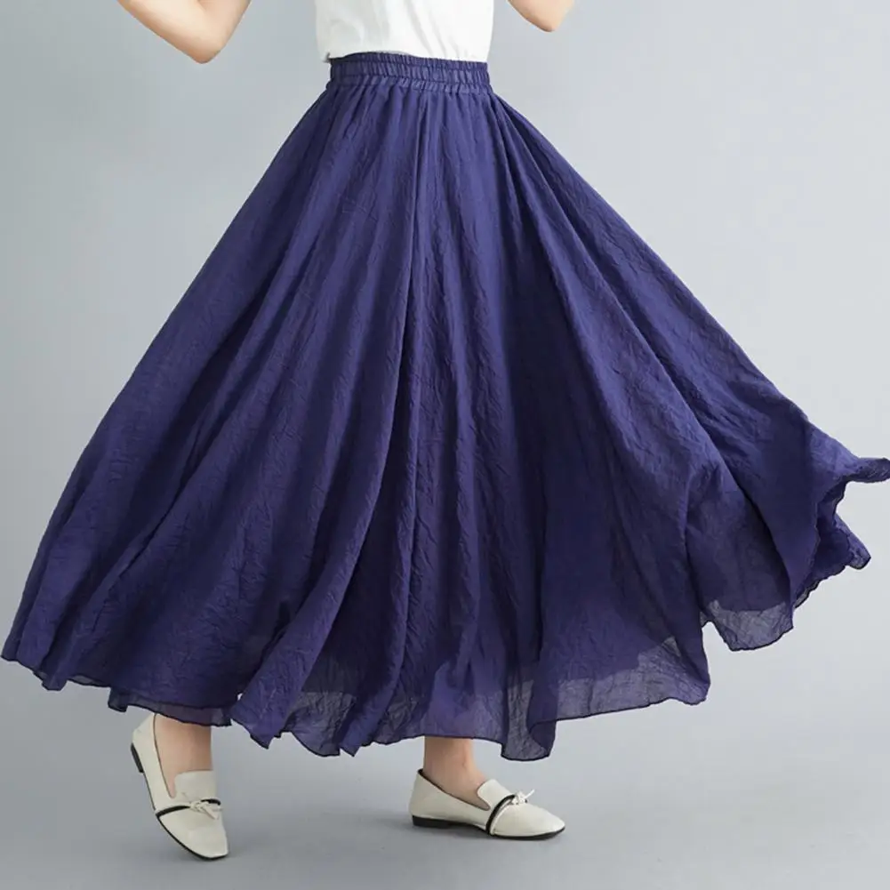 Women Skirt A-Line Loose Fit Elastic Waist Solid Color Design Maxi Skirt Double Layer Flowy Skirt Spring Summer Lady Casual Wear