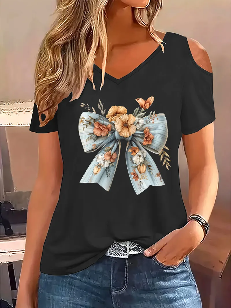 Vintage-T-Shirt mit Blumenmuster, kurzärmelig, mit grafischem V-Ausschnitt, lässiges Oberteil, schulterfreies Design, Damenbekleidung, Sommer- und Frühjahrskollektion.