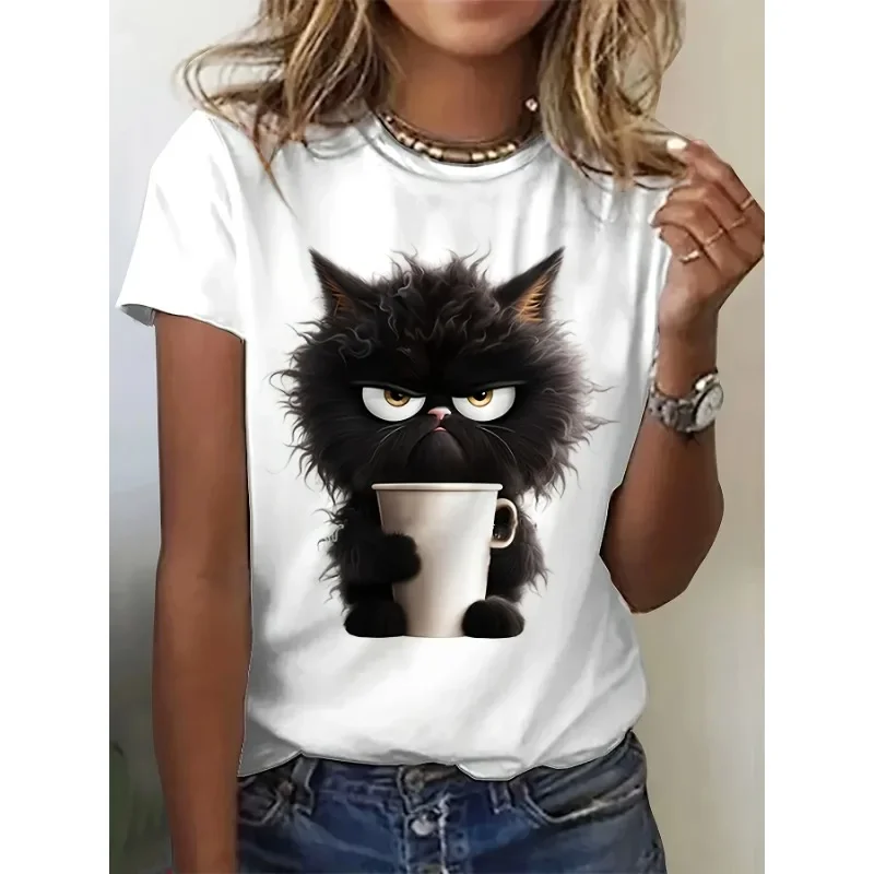 Cute Kitten Pattern Printed T-shirt for Spring and Summer Casual Short Sleeved Round Neck Top for Women's Fashionable Clothing