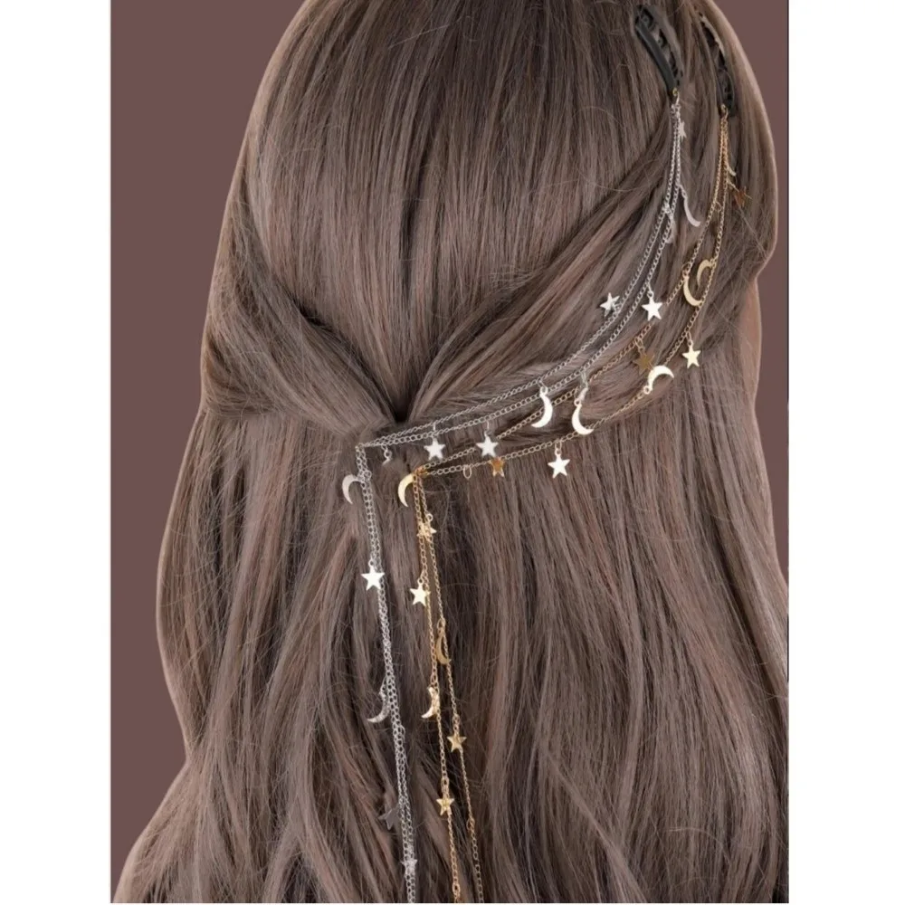 For Women and Girls Gold Color Headwear Vintage Moon Star Hair Chain Tassel Barrettes Party