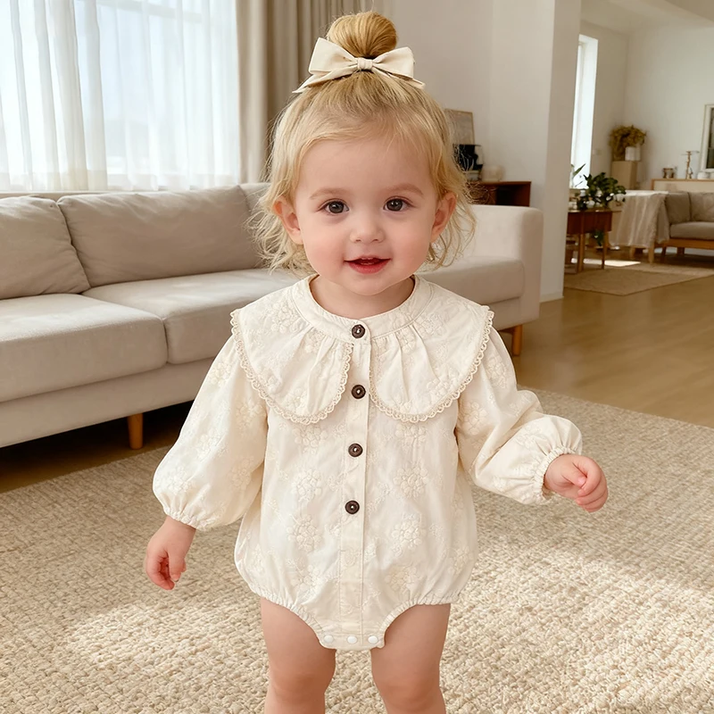 الربيع والخريف جديد القطن الخالص ارتداءها طفل فتاة طفل زهرة التطريز كبير الرقبة طويلة الأكمام فضفاضة مثلث بذلة