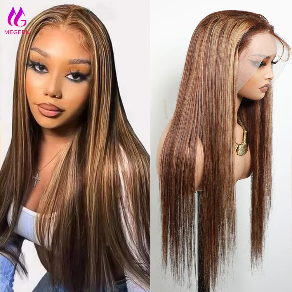 Megeen-Peluca de cabello humano liso de 26 pulgadas, postizo de encaje frontal transparente, color prearrancado, P4/27, 13x4