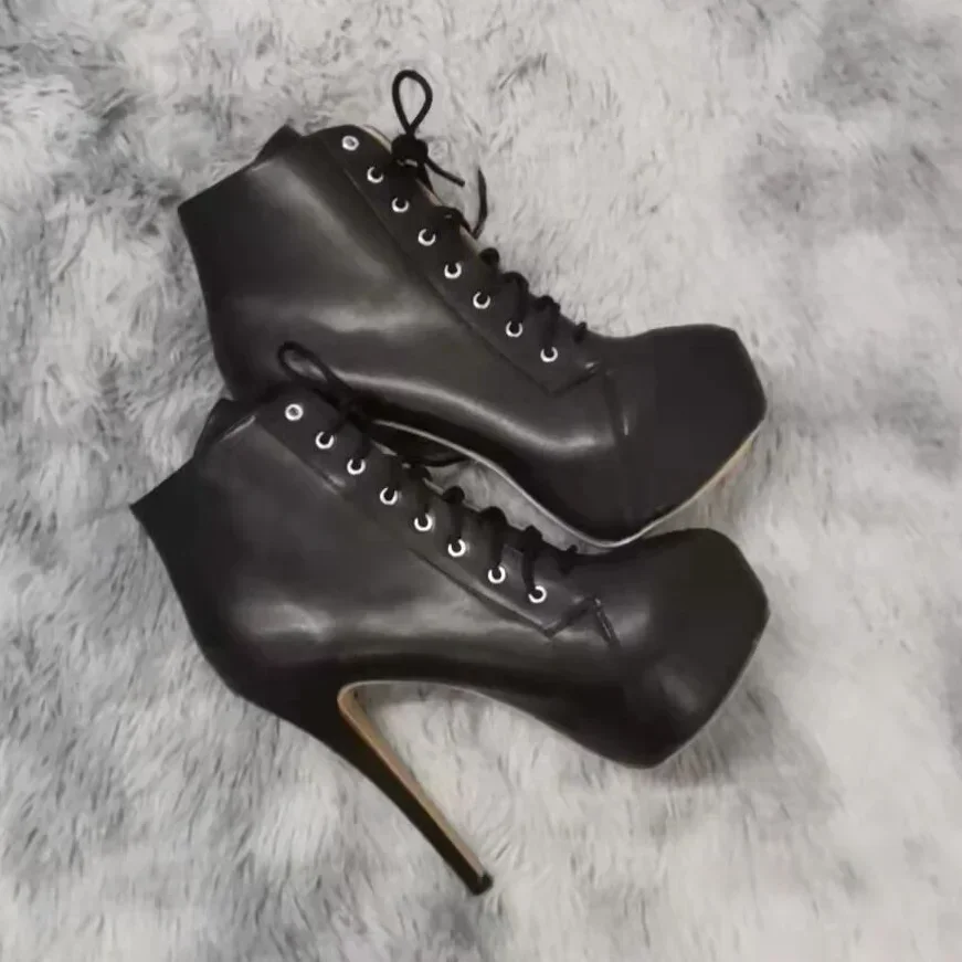 Autumn Winter Platform Ankle Boots For Women Sexy Round Toe Pumps Lace-Up Runway Female Shoes Buckle Strap Pole Dance High Heels