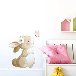 Cartoon Rabbit Butterfly Wall Sticker Kids Room Background Decoration Mural Living Room Bedroom Wallpaper Cute Bunny Home Decals