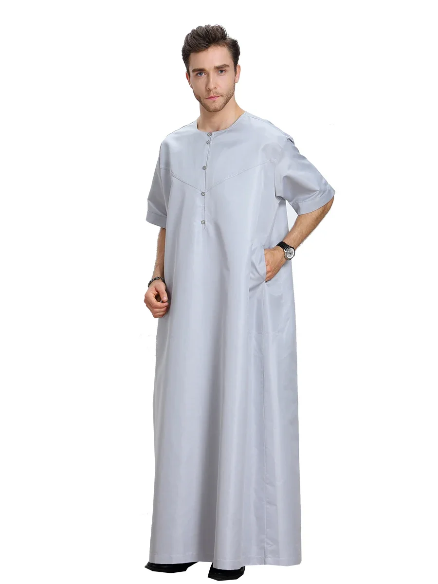 Jubah lengan pendek pria Muslim musim panas gaun jubah jubah jubah Arab Saudi Thobe Lebaran Ramadan Abaya Kaftan gaun Timur Tengah