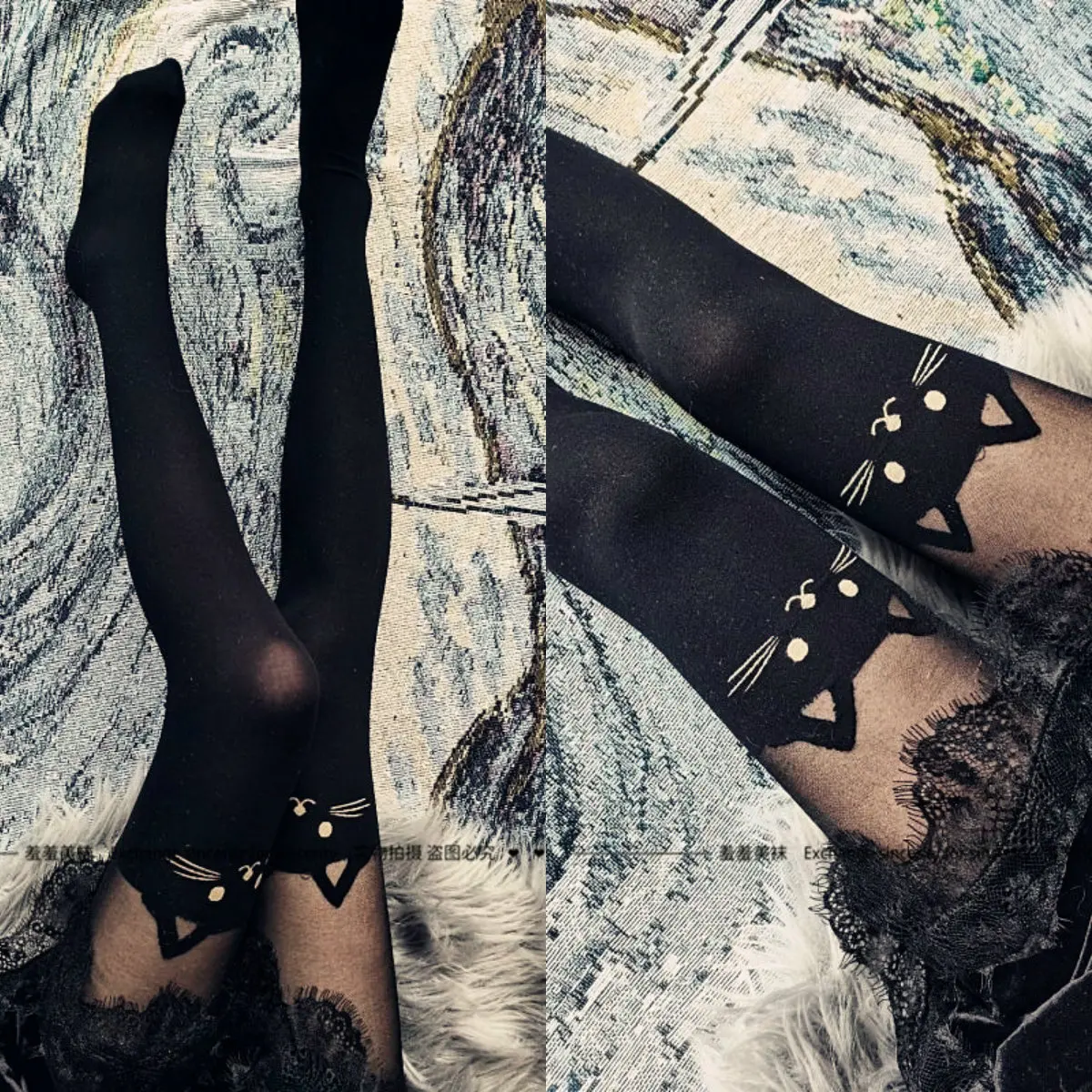 Recommended Item Women's Cat Jacquard Mock Thigh‑High Pantyhose, Ultra‑Thin Anti‑Snag Black Stockings, Fashion Ins Trendy Socks