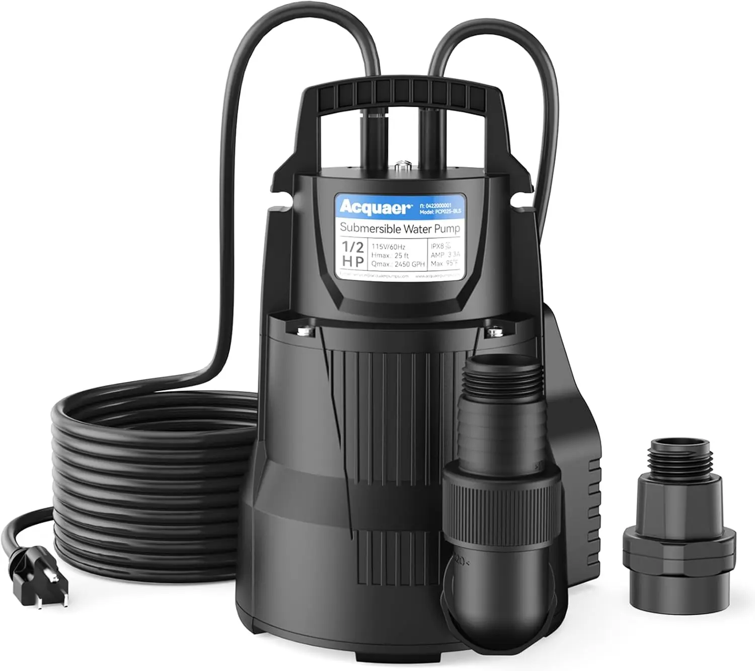 Acquaer 1/2 HP Automatic Sump Pump, 2450 GPH Submersible Water Pump with 3/4”Garden Hose Check Valve Adapter and 19ft Cord