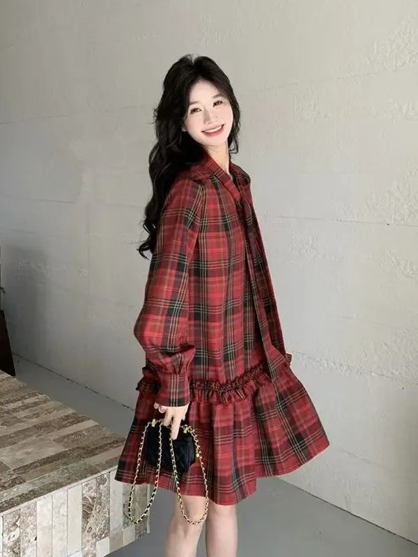 

plus Size 260 Pou Faionable Plaid Loose Women's Dr Red Cheered Autumn Elegance Skirt V-Ne Long Sve ort Dr