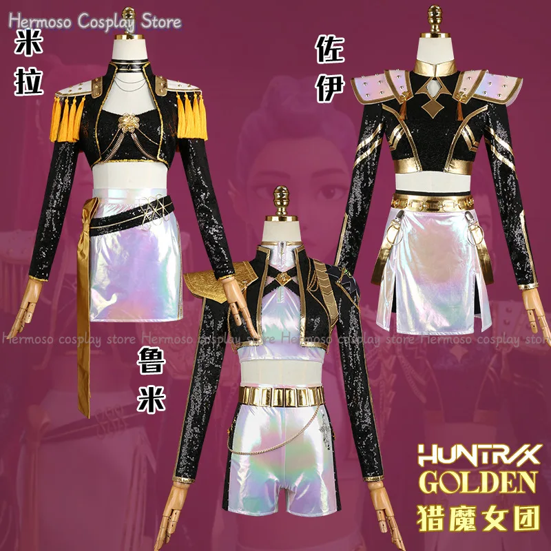 Zoey Mira Rumi Huntrix Take Down Stage Outfit Black Golden Cosplay Costume Wig Movie Kpop Demon Hunters Cosplay Korea Idol Dress