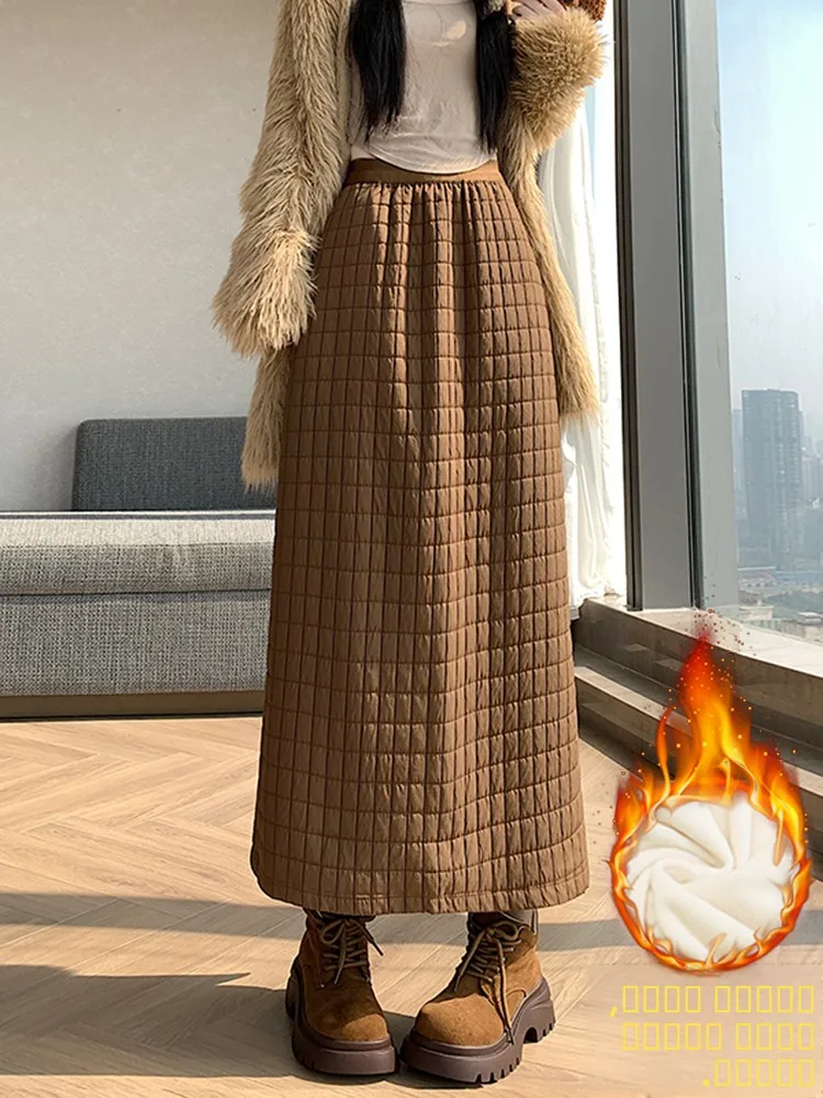 

Thiened Cotton A-Line Skirt Women's Winter High Waist Long Warm Commuter Sle Elastic Waist Skirt Fem Faion